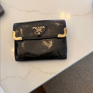Prada Black Patent Leather Wallet with Gold Hardware